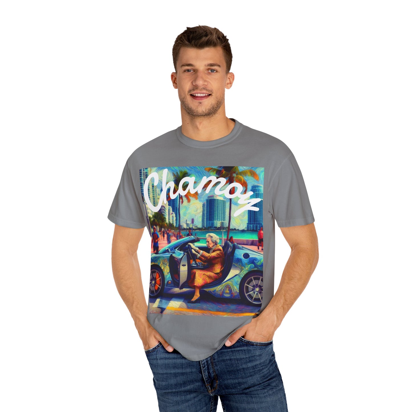 Queen Elizabeth in Miami Unisex T-shirt, British Royalty Tee, Funny Miami Beach Shirt, Vintage Style Graphic Tee, Gift for History Buffs