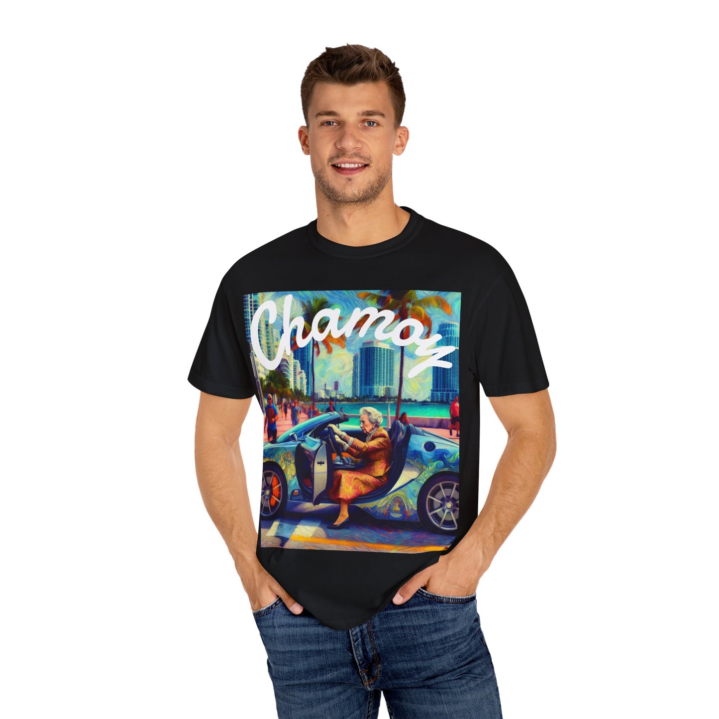Queen Elizabeth in Miami Unisex T-shirt, British Royalty Tee, Funny Miami Beach Shirt, Vintage Style Graphic Tee, Gift for History Buffs