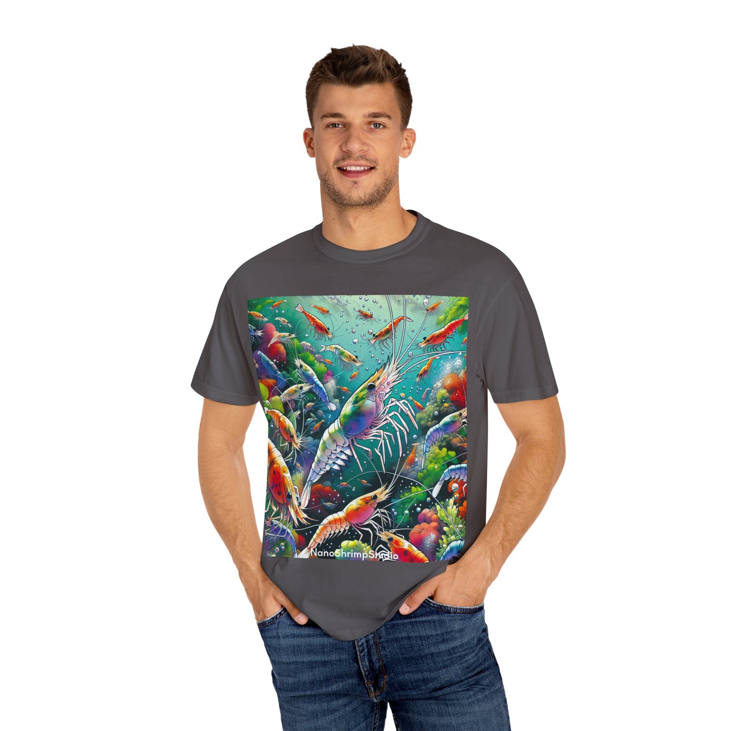 Vibrant Shrimp Art T-Shirt, Seafood Lover Tee, Ocean Life Graphic Shirt, Beach Vacation Top, Coastal Theme Clothing