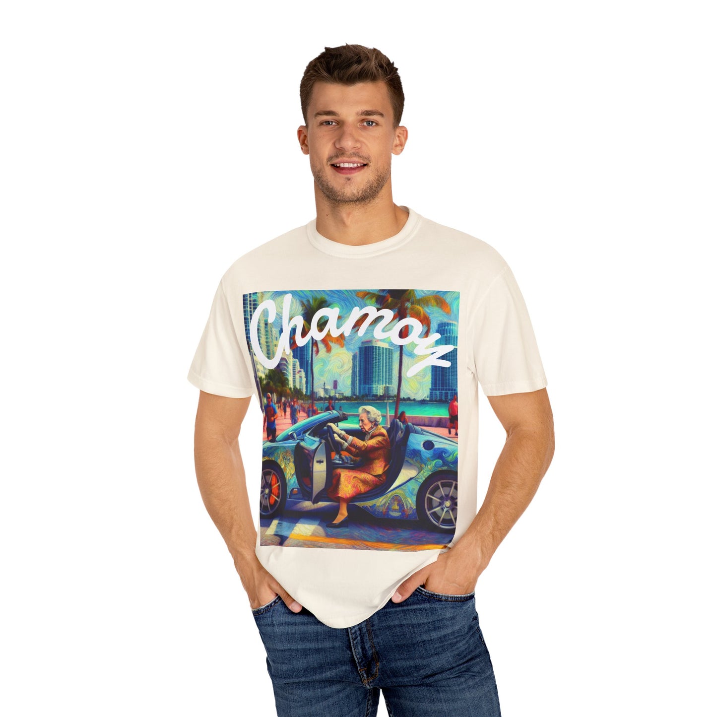 Queen Elizabeth in Miami Unisex T-shirt, British Royalty Tee, Funny Miami Beach Shirt, Vintage Style Graphic Tee, Gift for History Buffs