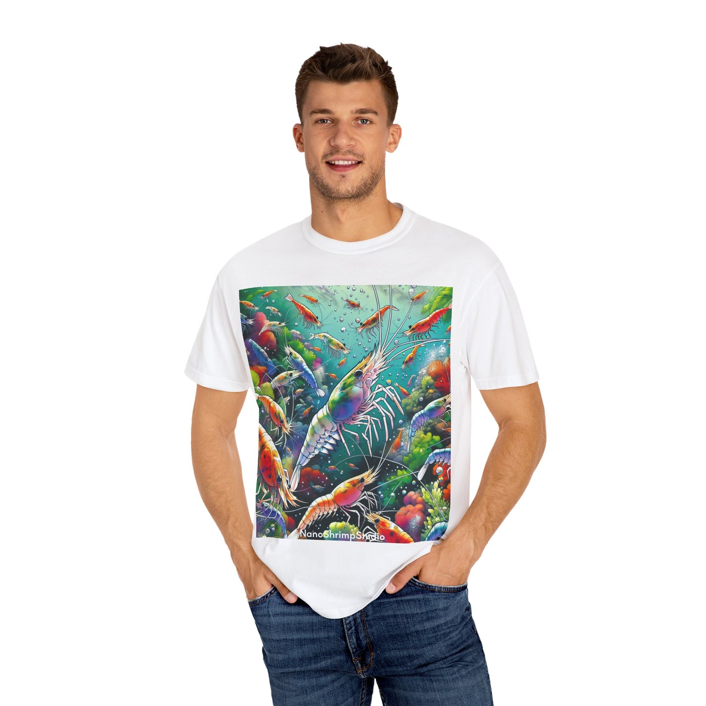 Vibrant Shrimp Art T-Shirt, Seafood Lover Tee, Ocean Life Graphic Shirt, Beach Vacation Top, Coastal Theme Clothing