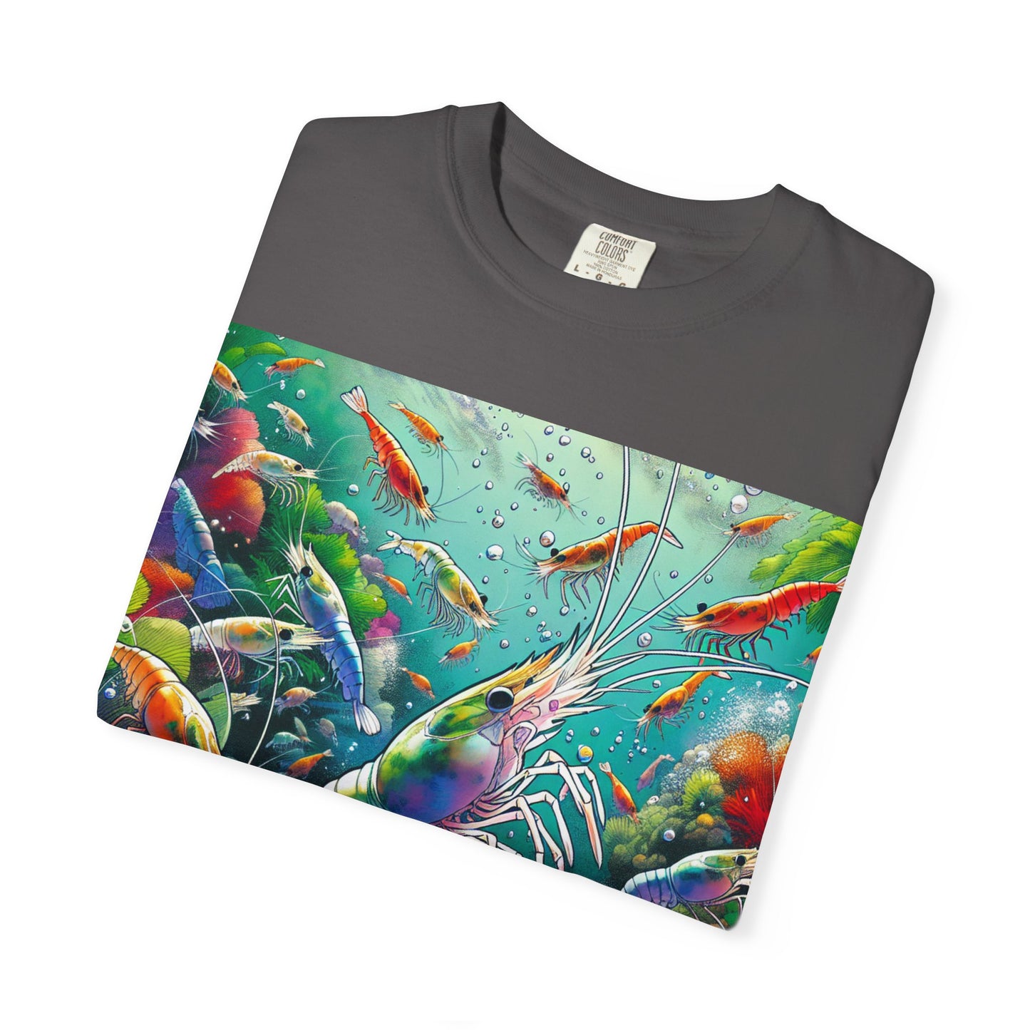 Vibrant Shrimp Art T-Shirt, Seafood Lover Tee, Ocean Life Graphic Shirt, Beach Vacation Top, Coastal Theme Clothing