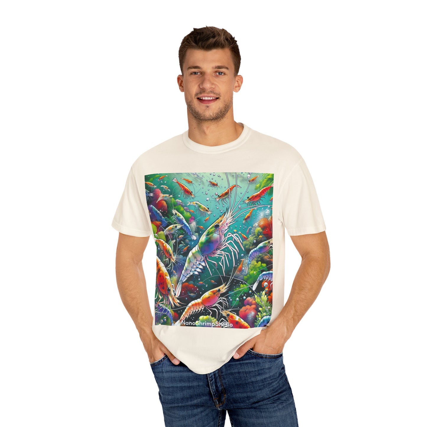 Vibrant Shrimp Art T-Shirt, Seafood Lover Tee, Ocean Life Graphic Shirt, Beach Vacation Top, Coastal Theme Clothing
