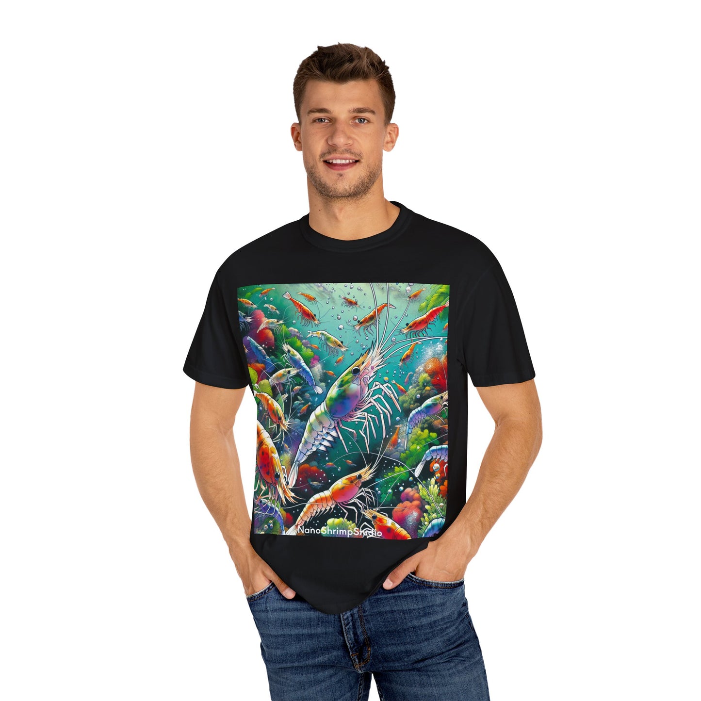 Vibrant Shrimp Art T-Shirt, Seafood Lover Tee, Ocean Life Graphic Shirt, Beach Vacation Top, Coastal Theme Clothing