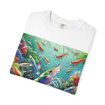 Vibrant Shrimp Art T-Shirt, Seafood Lover Tee, Ocean Life Graphic Shirt, Beach Vacation Top, Coastal Theme Clothing