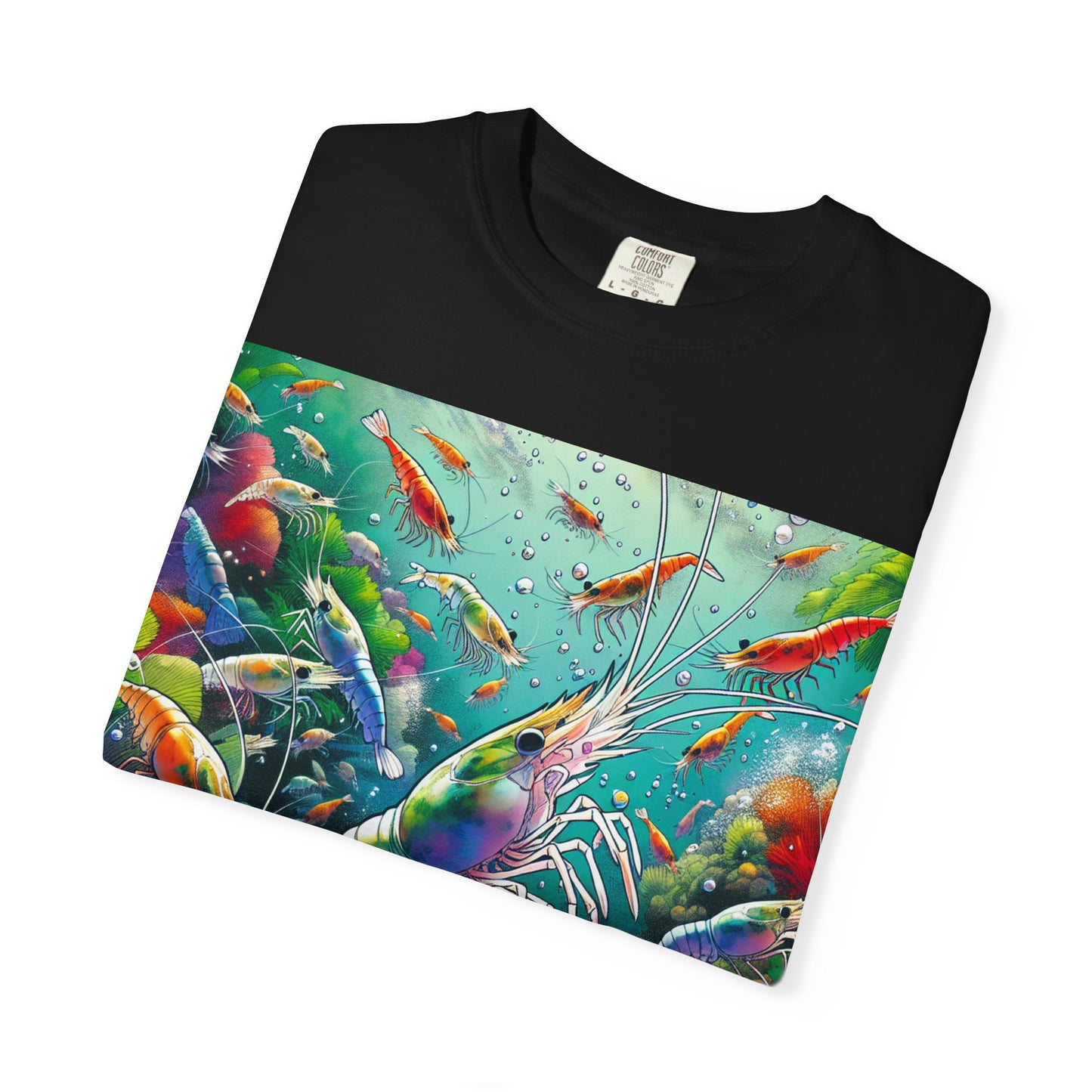 Vibrant Shrimp Art T-Shirt, Seafood Lover Tee, Ocean Life Graphic Shirt, Beach Vacation Top, Coastal Theme Clothing