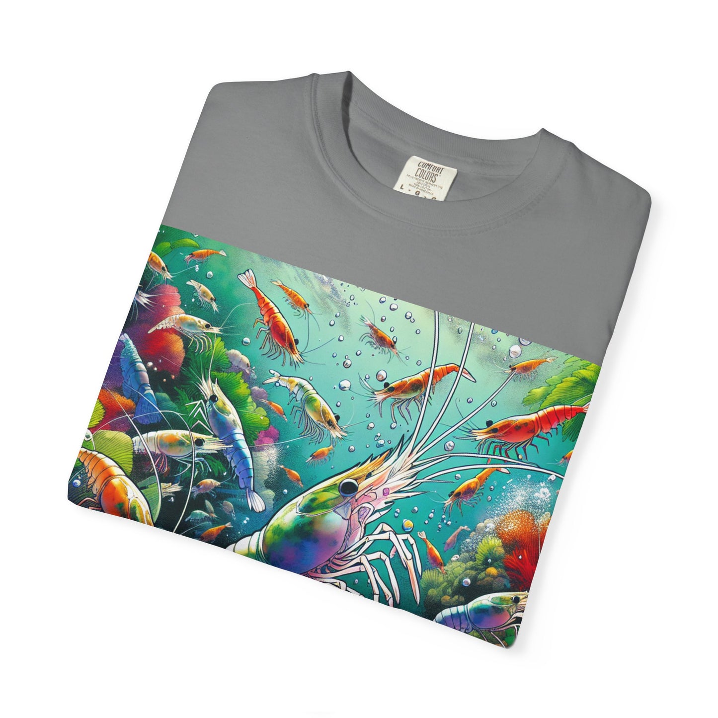 Vibrant Shrimp Art T-Shirt, Seafood Lover Tee, Ocean Life Graphic Shirt, Beach Vacation Top, Coastal Theme Clothing