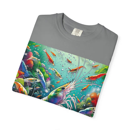 Vibrant Shrimp Art T-Shirt, Seafood Lover Tee, Ocean Life Graphic Shirt, Beach Vacation Top, Coastal Theme Clothing