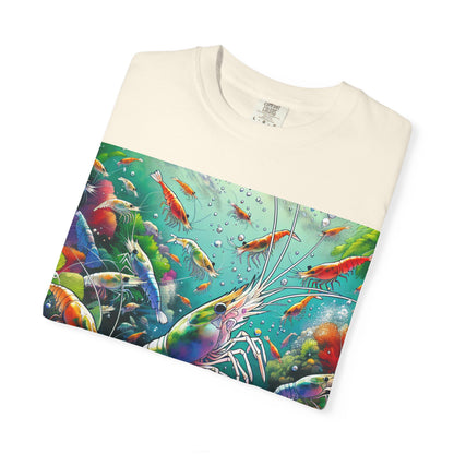 Vibrant Shrimp Art T-Shirt, Seafood Lover Tee, Ocean Life Graphic Shirt, Beach Vacation Top, Coastal Theme Clothing